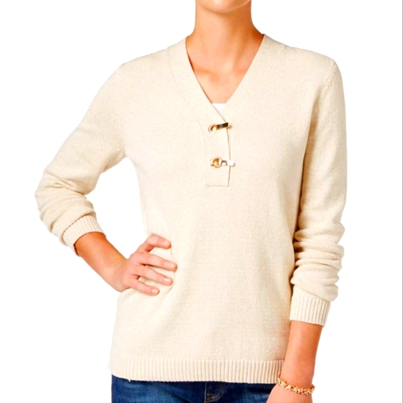 Charter Club Cream Gold Metallic V Neck Cotton Blend Sweater Size S - Picture 1 of 7